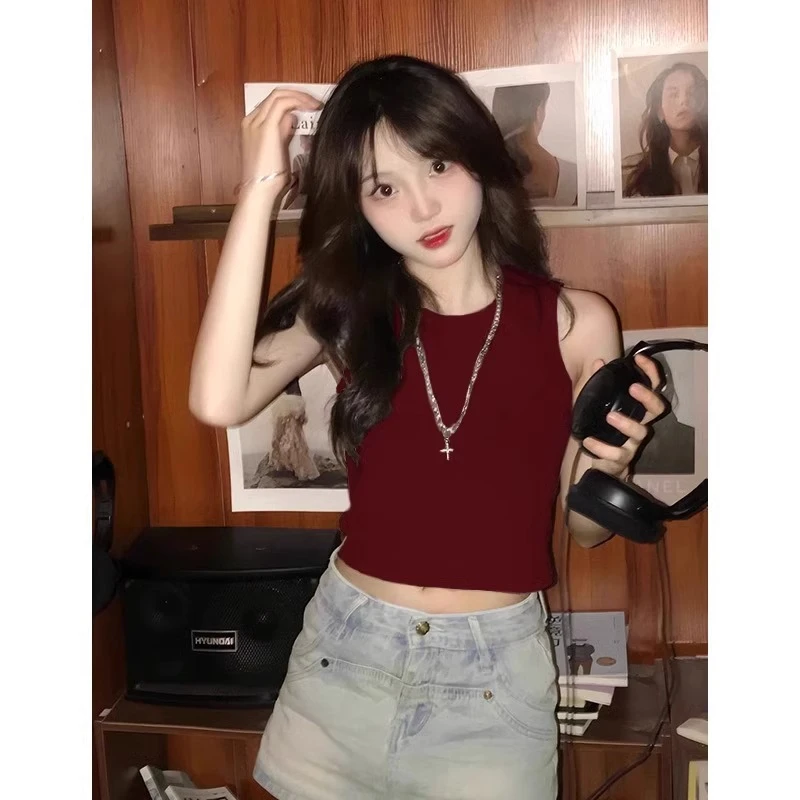 酒红色美式辣妹小背心女夏季修身显瘦短款无袖内搭可外穿洋气上衣