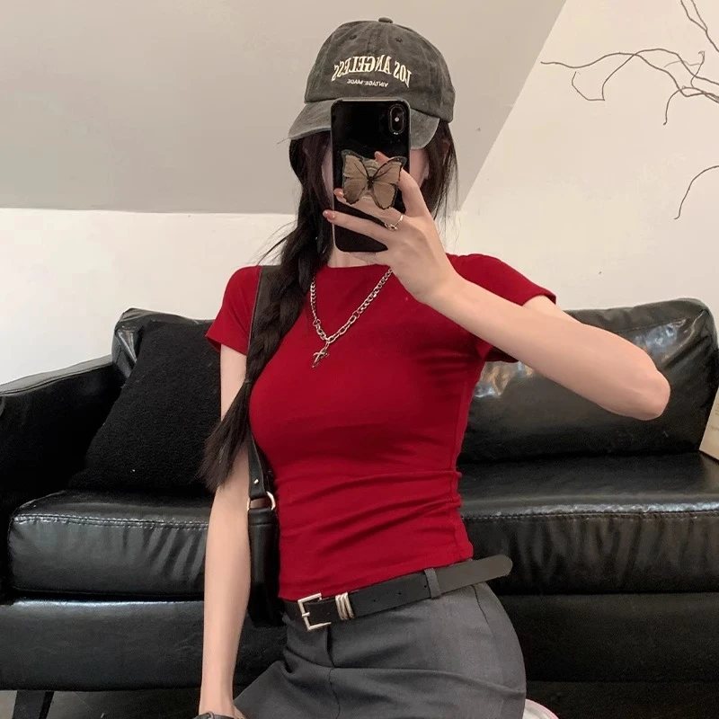 复古酒红色正肩短袖T恤女夏小个子辣妹chic短款掐腰韩版简约上衣