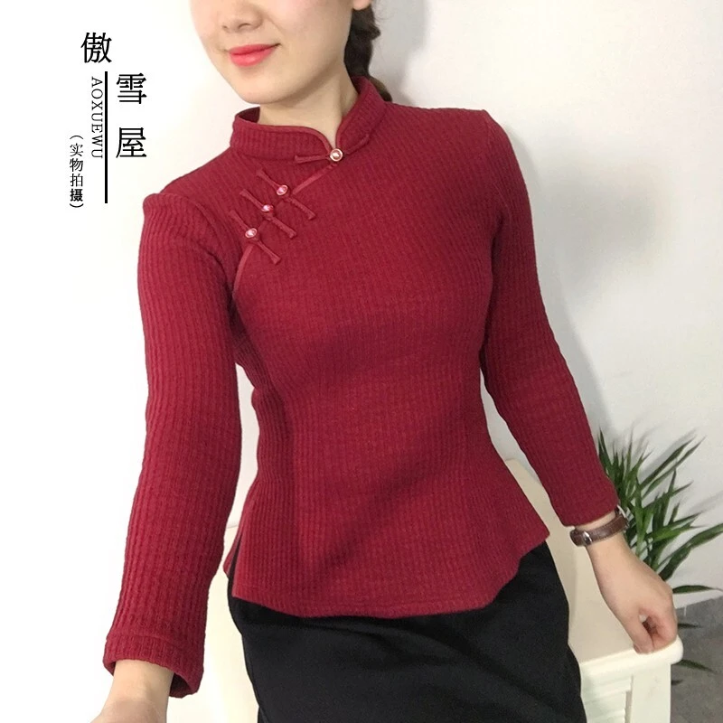 中国风日常复古改良针织旗袍上衣中式短款盘扣修身唐装女秋冬