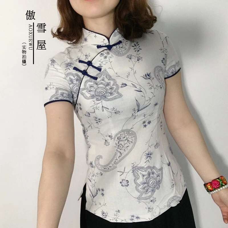 傲雪屋中国风棉麻复古盘扣女装中式短袖修身唐装女改良短款茶艺服