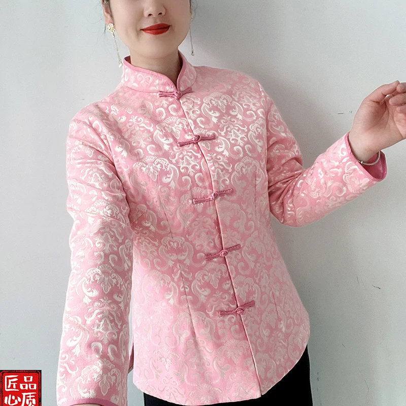 红人上新傲雪原创夹棉高端旗袍上衣修身唐装女修身显瘦粉色外套