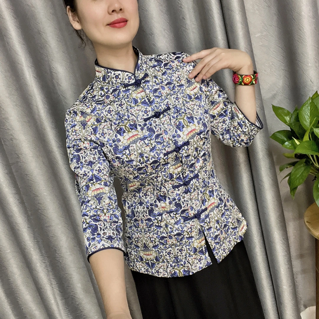 傲雪屋中国风秋冬显瘦七分袖气质碎花旗袍上衣中袖日常唐装女茶服