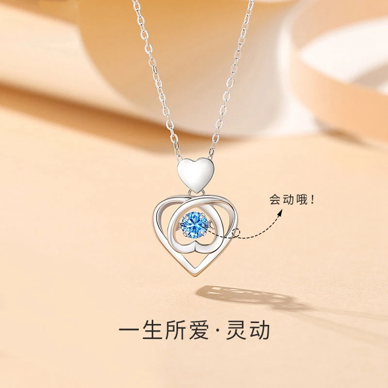 坠链均足银 999纯银爱心灵动项链女时尚双心锁骨链生日礼物送女友