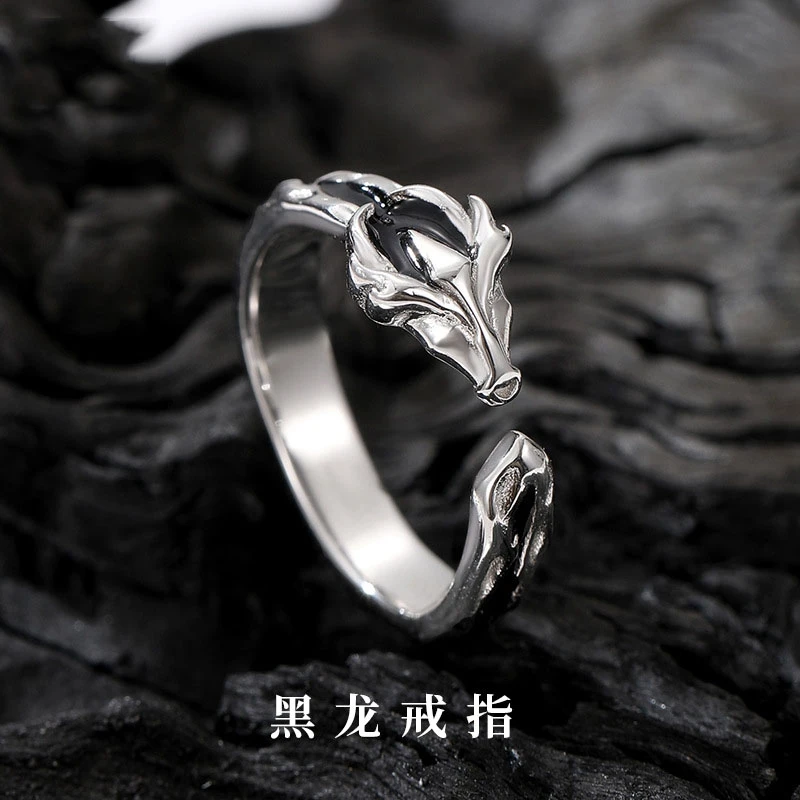 925银戒指 黑龙戒指纯银原创个性设计龙年潮流不规则做旧开口指环