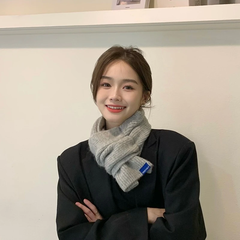 交叉短款小围巾女冬季保暖纯色针织围脖学生韩版情侣懒人围巾百搭