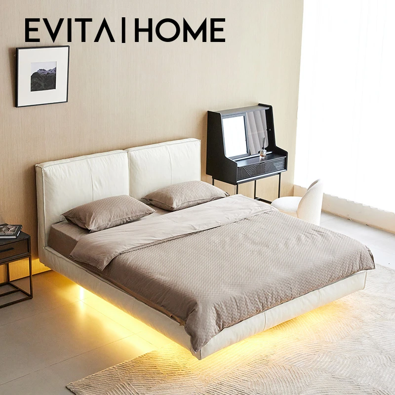 EVITA Home现代简约真皮悬浮床主卧轻奢极简头层牛皮双人软包床