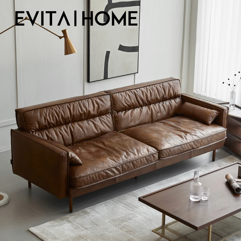 EVITA Home现代简约意式极简真皮沙发客厅轻奢复古油蜡皮三人沙发