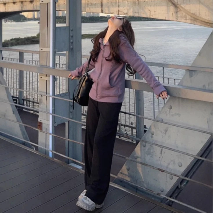 紫色lulu修身卫衣外套女2025新款春秋开衫连帽瑜伽服韩系运动上衣