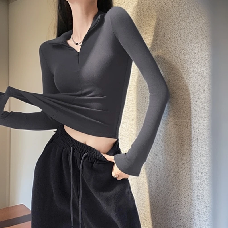 V领打底衫法式掐腰上衣女紧身收腰显瘦春秋polo衫领长袖修身内搭