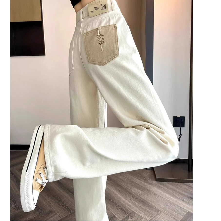 米白色直筒牛仔裤女春秋2025年秋冬加绒小个子高腰窄版白色阔腿裤