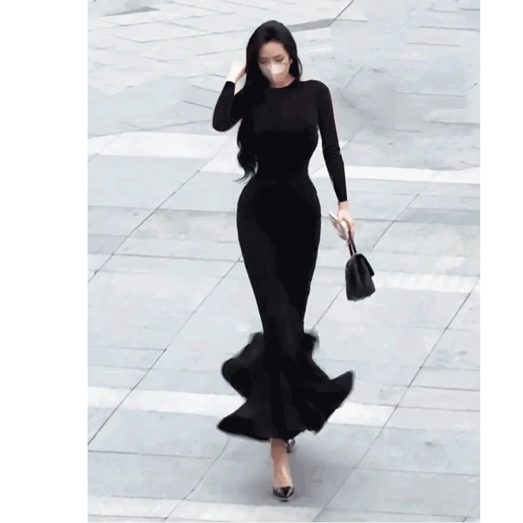 黑色鱼尾针织连衣裙女秋冬季步步生莲大衣内搭打底长裙子冬季穿搭