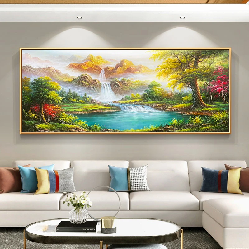 金山聚宝盆手绘油画美式轻奢山水风景客厅餐厅装饰画横款定制