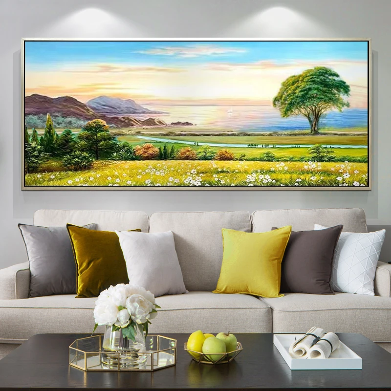 现代简约手绘油画客厅餐厅装饰画美式轻奢沙发背景立体挂画横款