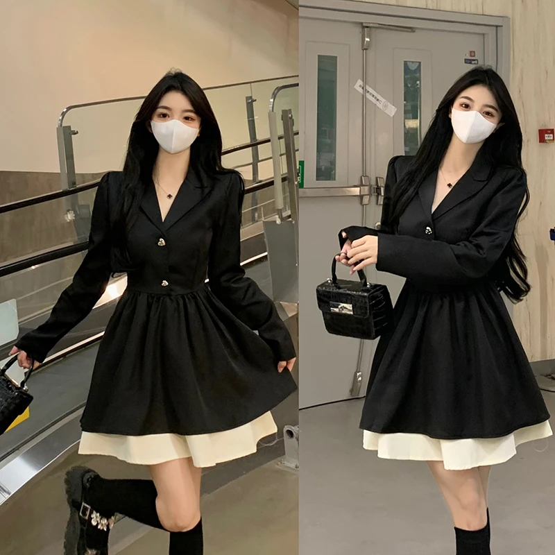 胖mm法式高级感气质黑色西装连衣裙女秋季大码收腰显瘦公主蓬蓬裙