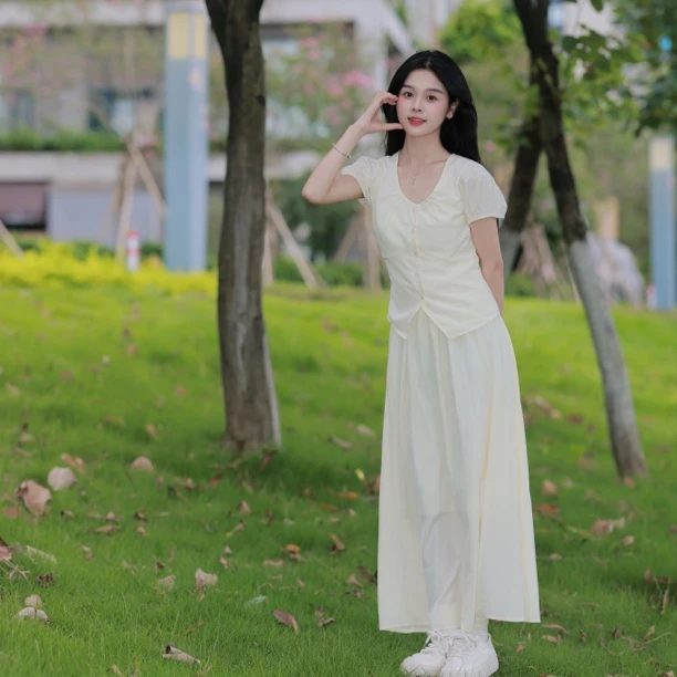 小文【香槟玫瑰】夏季法式收腰小众氛围感两件套松紧腰半身裙温柔