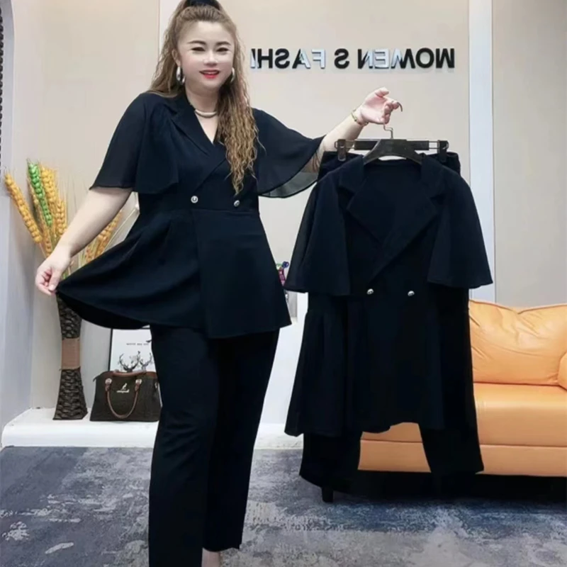 新款大码拼接半袖上衣直筒裤两件套套装时尚洋气气质遮肚显瘦网红