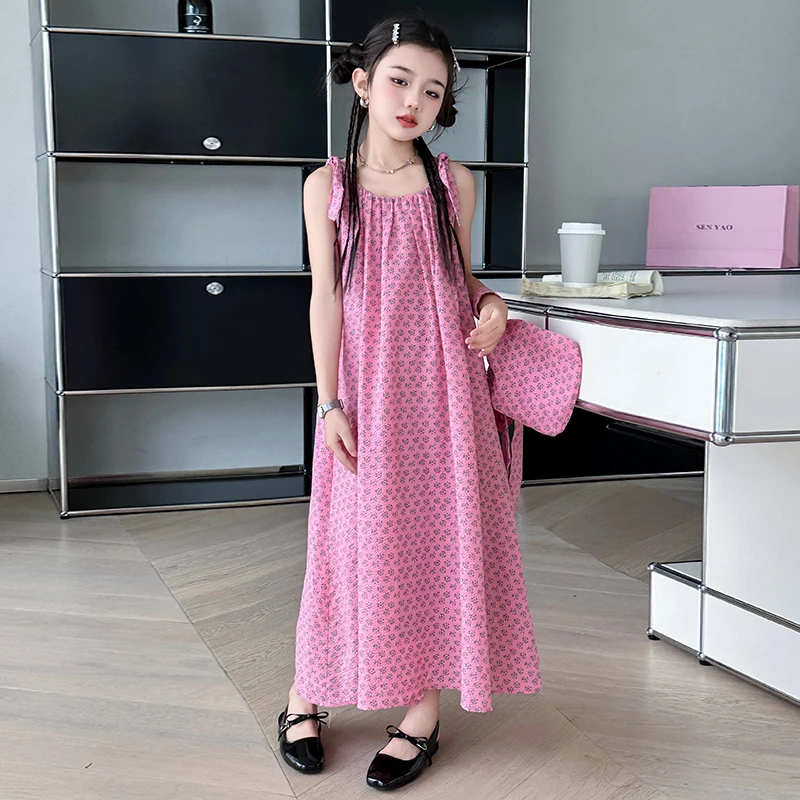 女童裙子夏装2025新款洋气大童时髦夏季儿童吊带法式度假风连衣裙