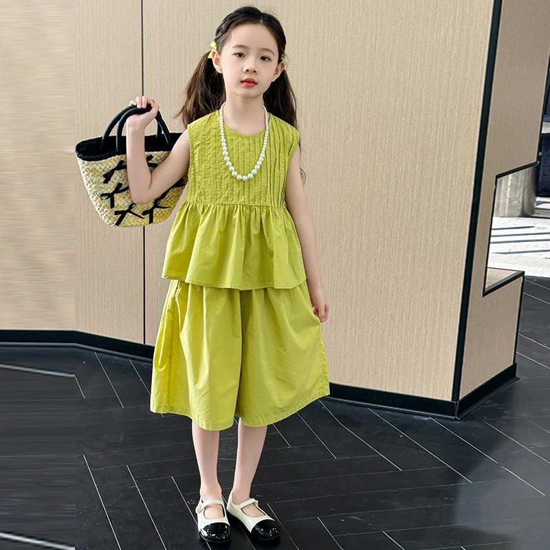 儿童韩版棉布背心套装夏季2024新款纯色无袖上衣阔腿裤时髦两件套