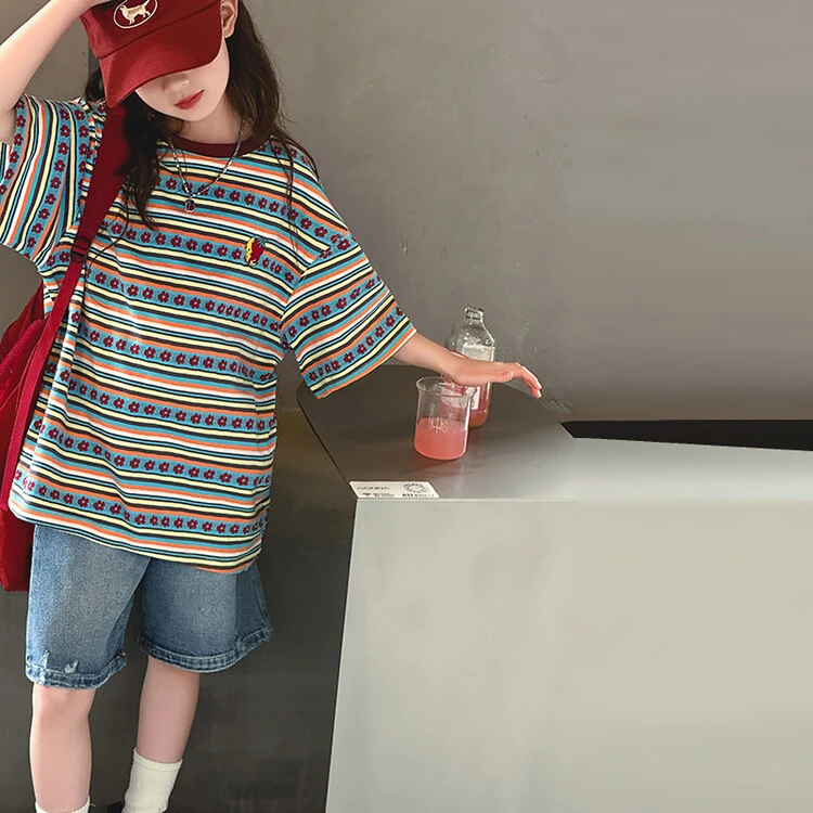 女童夏装2024新款洋气大童条纹短袖t恤T儿童夏季女孩网红炸街上衣