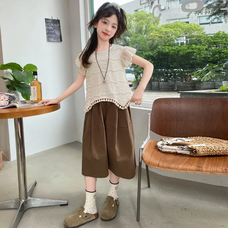 女童夏季短袖T恤套装2025新款中大童夏装洋气宽松七分裤两件套装