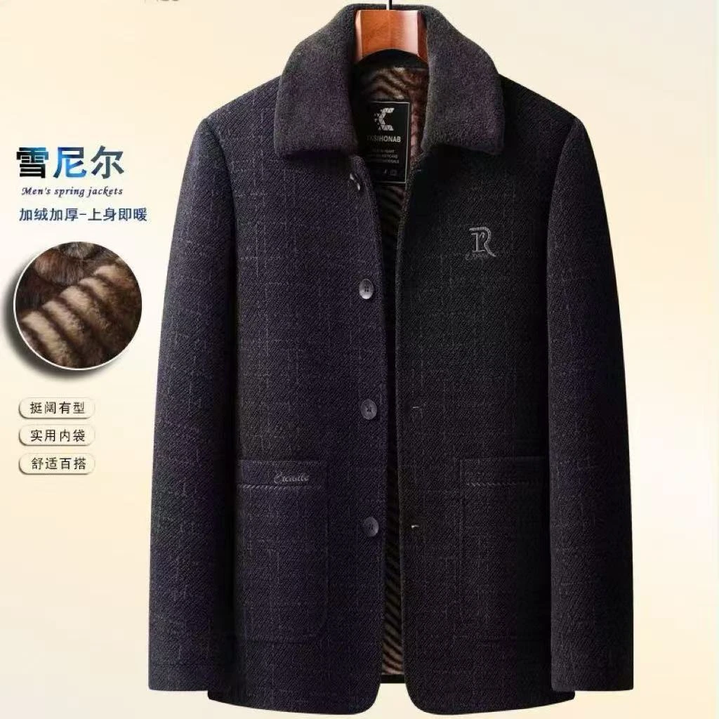 男士新款中老年呢大衣加厚棉衣爸爸装翻领雪尼尔冬季加绒保暖外套