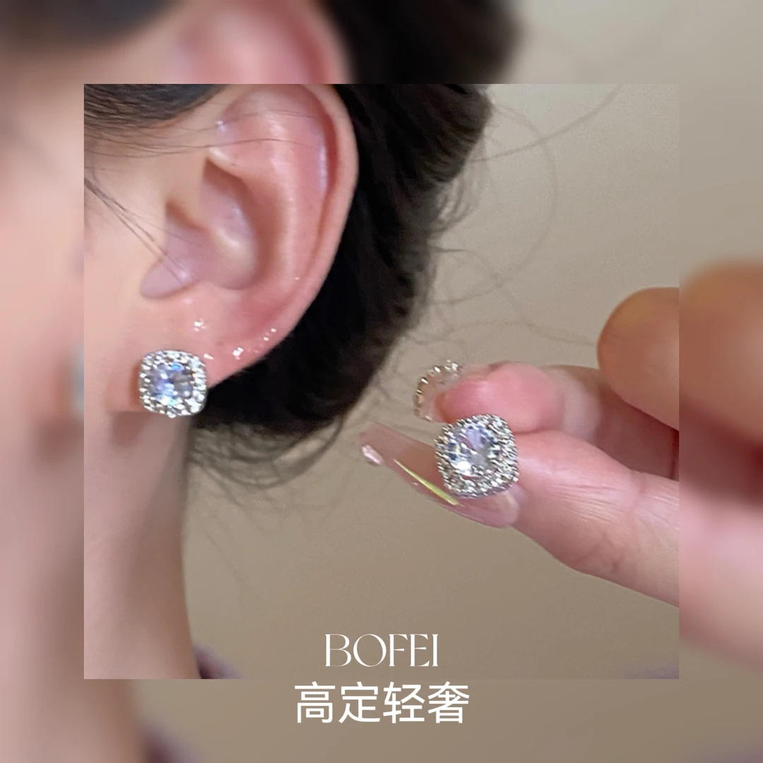 铜合金锆石耳饰 50克拉恋人满钻简约耳钉925银针小众气质耳环轻奢