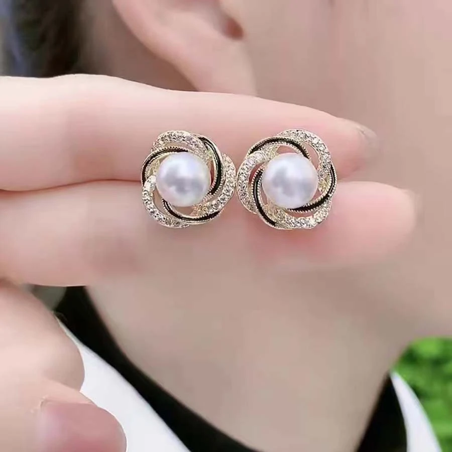 铜合金耳饰 微镶锆石小香风缠绕珠珠耳钉百搭时尚气质轻奢耳饰