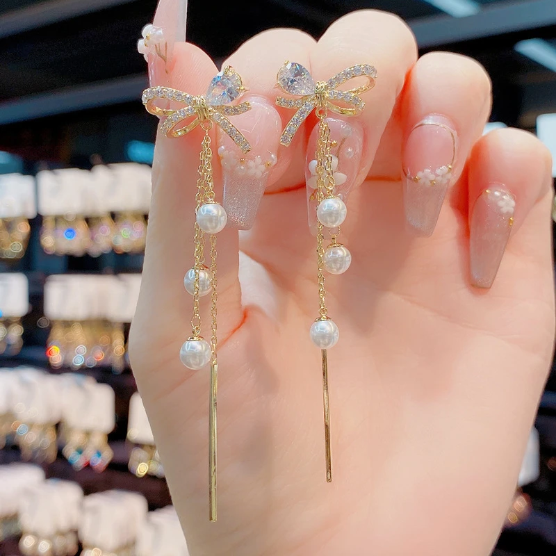 铜合金合成锆石耳饰 时尚百搭蝴蝶结珠珠长款流苏耳坠女耳饰809