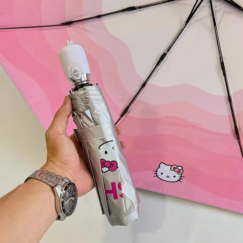 伞叔严选钛银凯蒂猫KT自动太阳伞黑胶防晒防紫外线晴雨学生遮阳伞