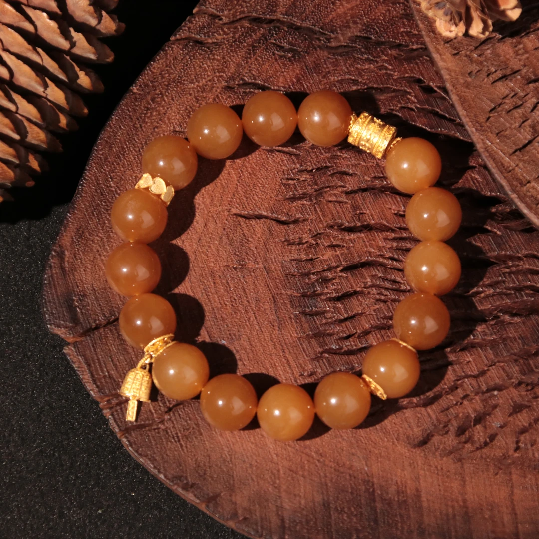 【泓贝珠宝-J858】18k金配饰和田玉糖玉老料蜜糖圆珠手串