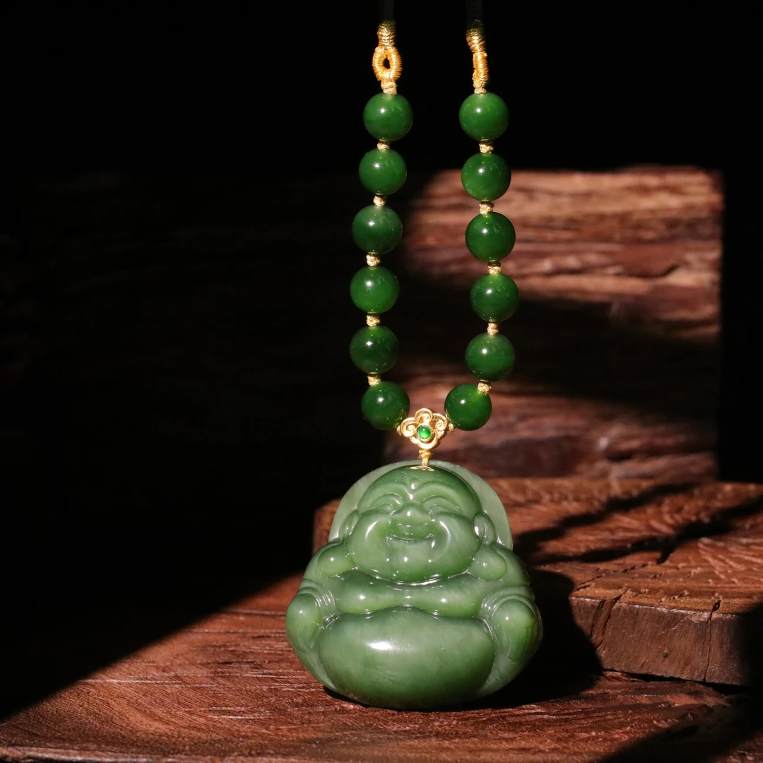 【泓贝珠宝-L566】18k金配饰和田玉碧玉猫眼弥勒佛设计款吊坠