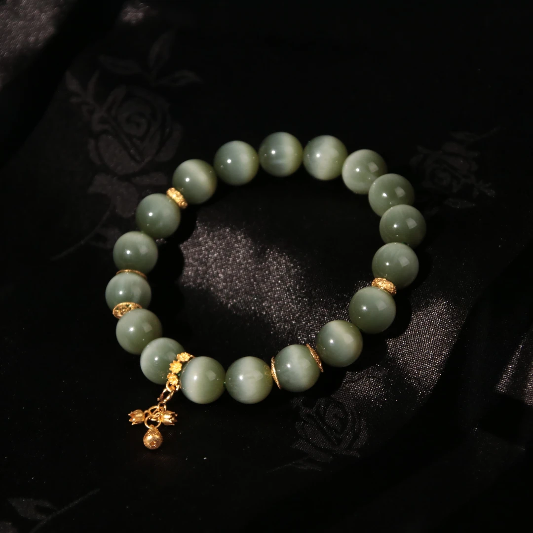 【泓贝珠宝-L425】18k金配饰和田玉碧玉金猫眼设计款圆珠手串