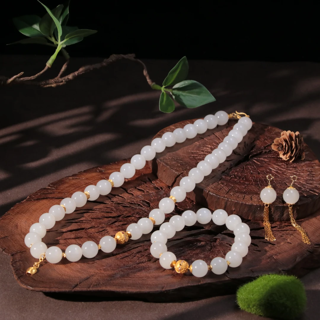 【泓贝珠宝-L183】18k金配饰和田玉白玉老料设计款圆珠套装