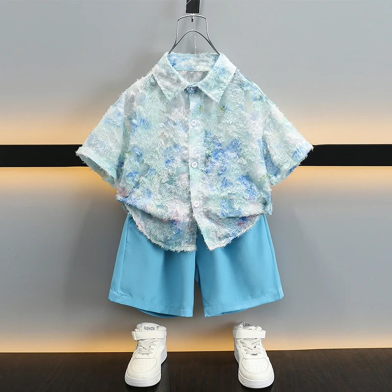 男童夏季扎染衬衣套装2024新款中小童韩版清新洋气衬衫两件套童装