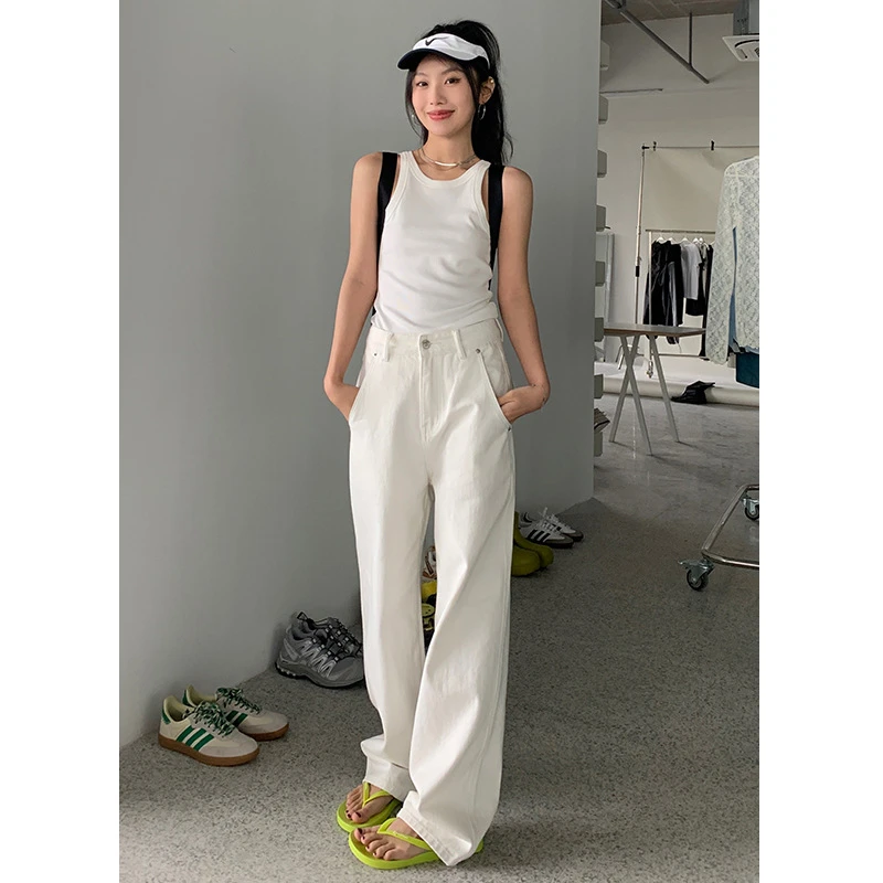 【思思姐双12宠粉】秋款显瘦百搭垂感直筒拖地白色阔腿牛仔裤女