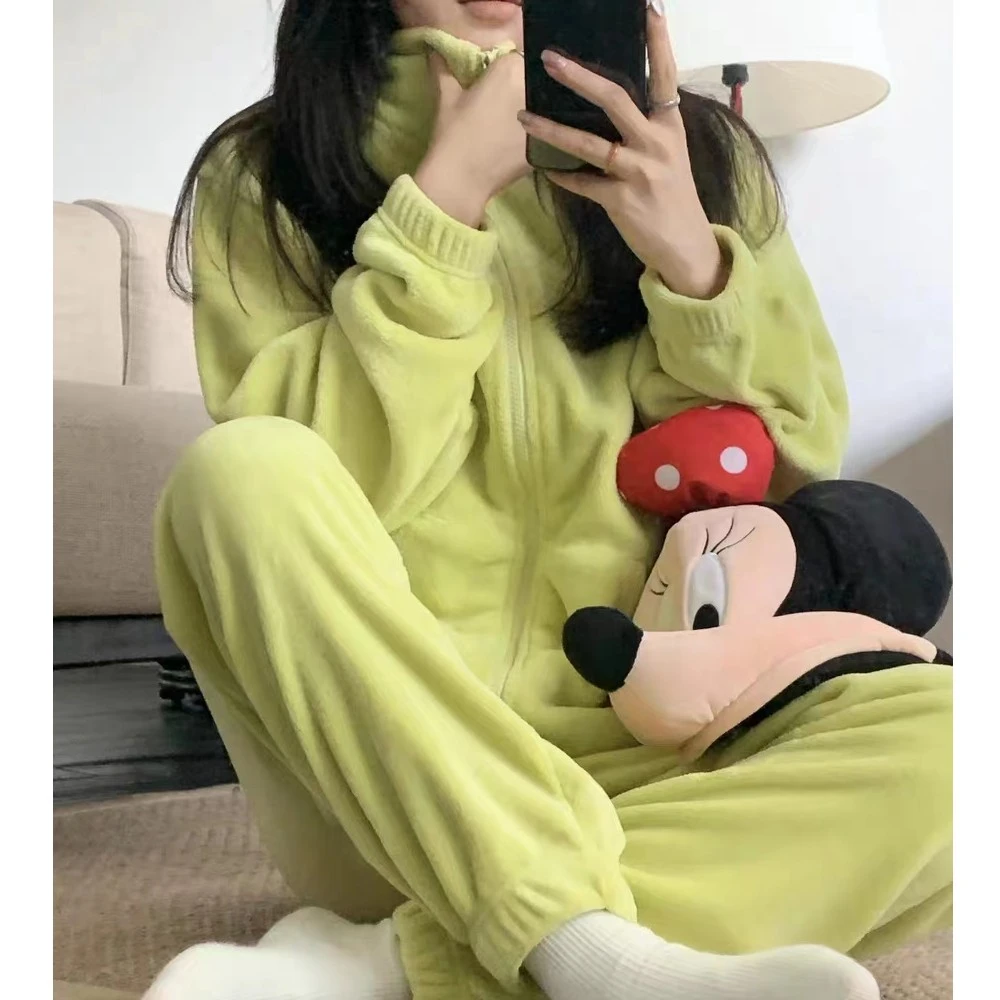 睡衣女士秋冬季加绒加厚法兰绒拉链套装休闲韩版宽松可外穿家居服