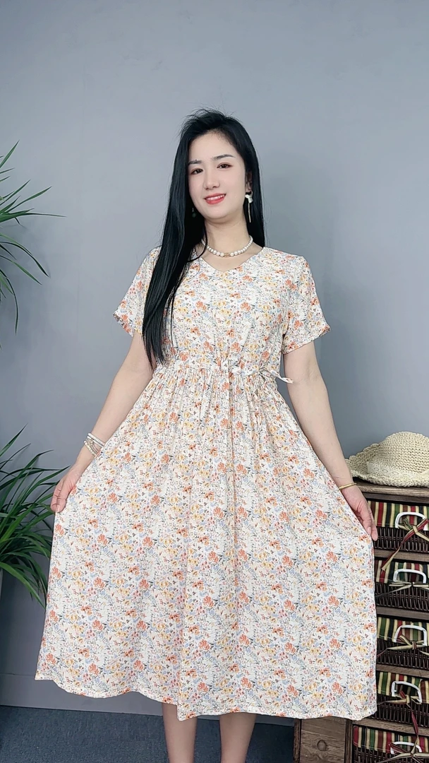A1006夏季2024新款棉麻小清新宽松V领花瓣印花长裙连衣裙气质时尚