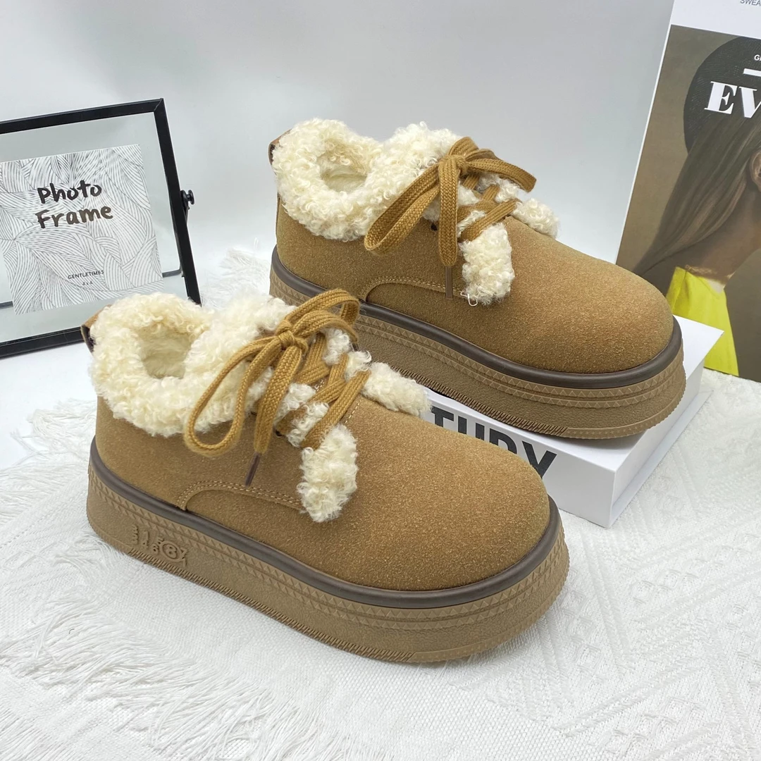 保暖加绒厚底棉鞋羊羔毛毛系带勃肯雪地靴女冬季新复古抗寒面包鞋