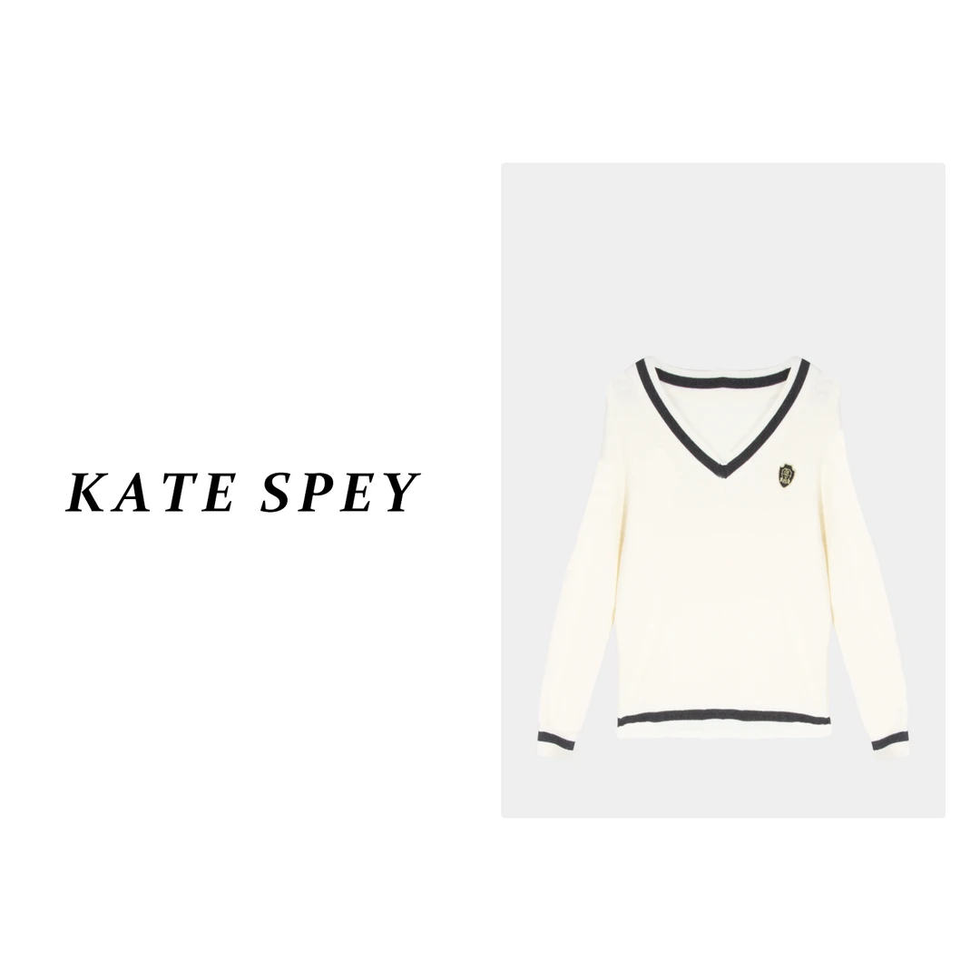 凯特丝蓓450#学院风撞色v领毛衣女秋慵懒风针织上衣经典宽松版