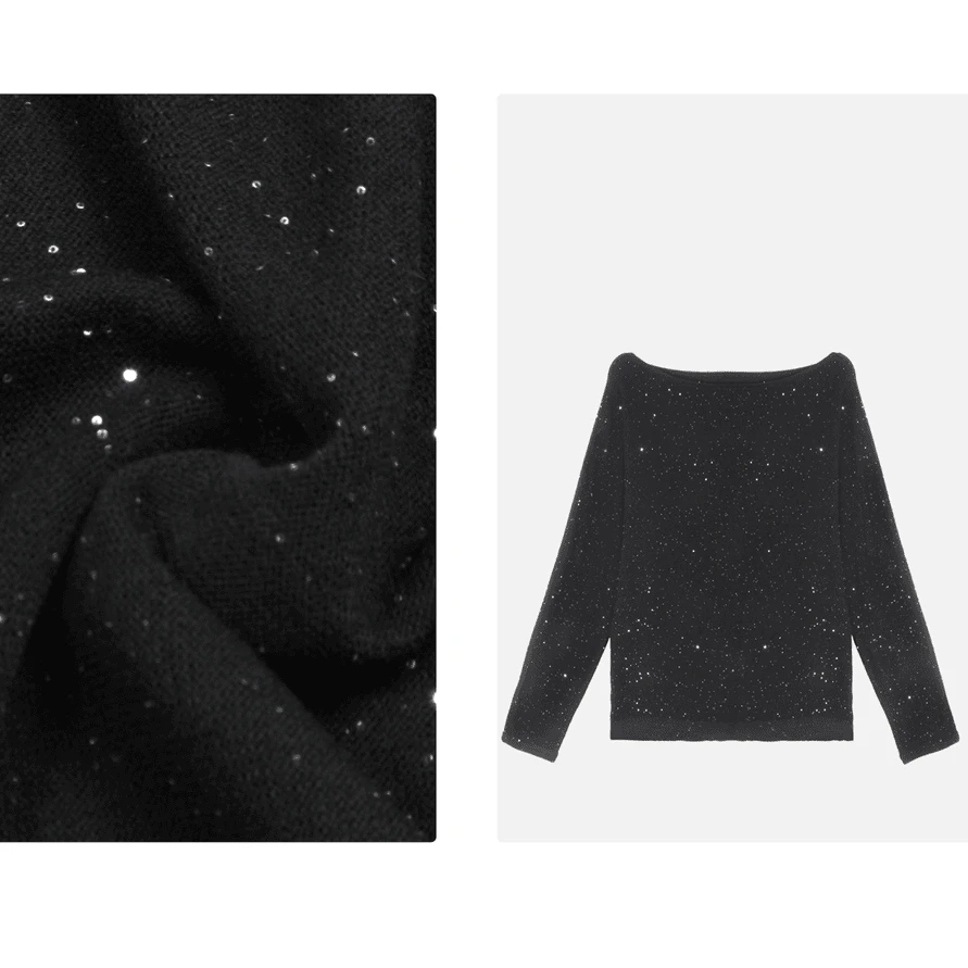 凯特丝蓓049#一字领针织衫24秋黑色亮片宽松长袖松弛感套衫1-1252