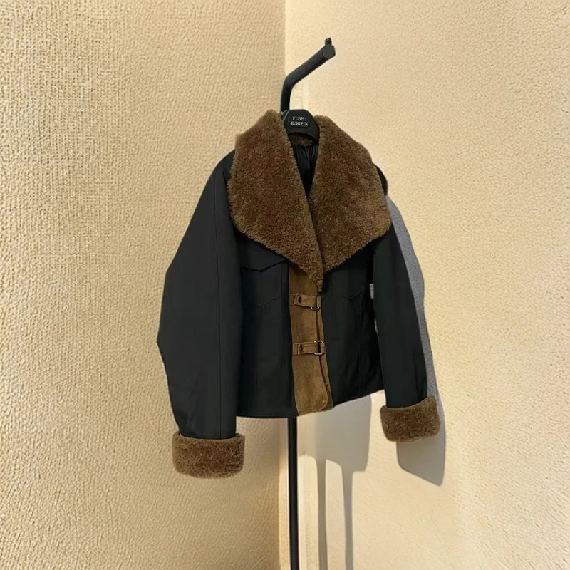 韩版纯羊毛大翻领短款鹅绒服女外套