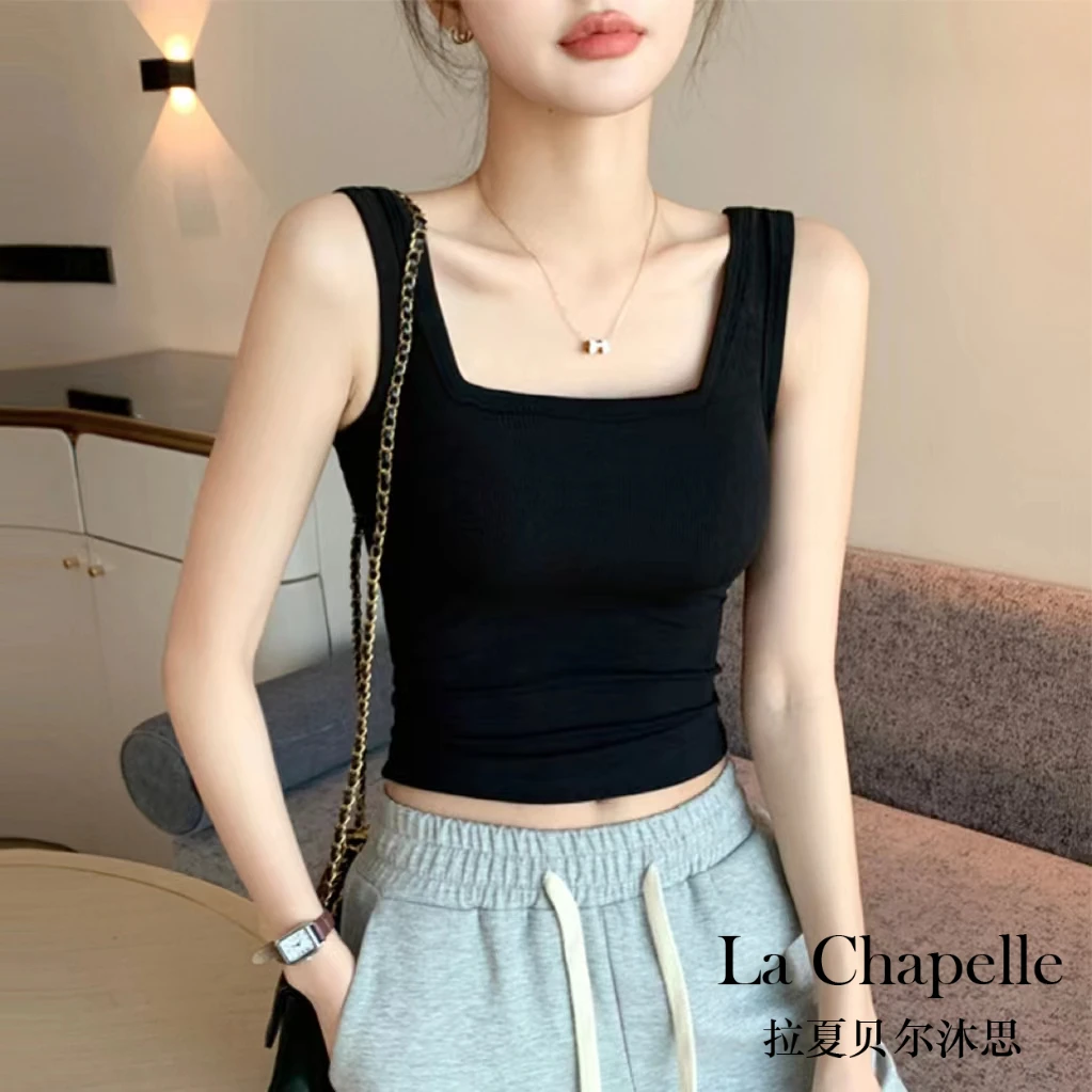 拉夏贝尔黑色吊带背心女夏2024方领棉质无袖内搭打底外穿百搭内衣
