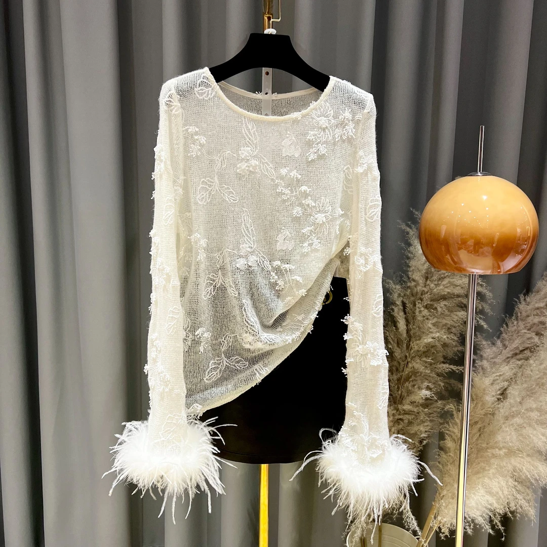蕾丝上衣2024新款白色气质镂空套头洋气时尚透明长袖打底A110