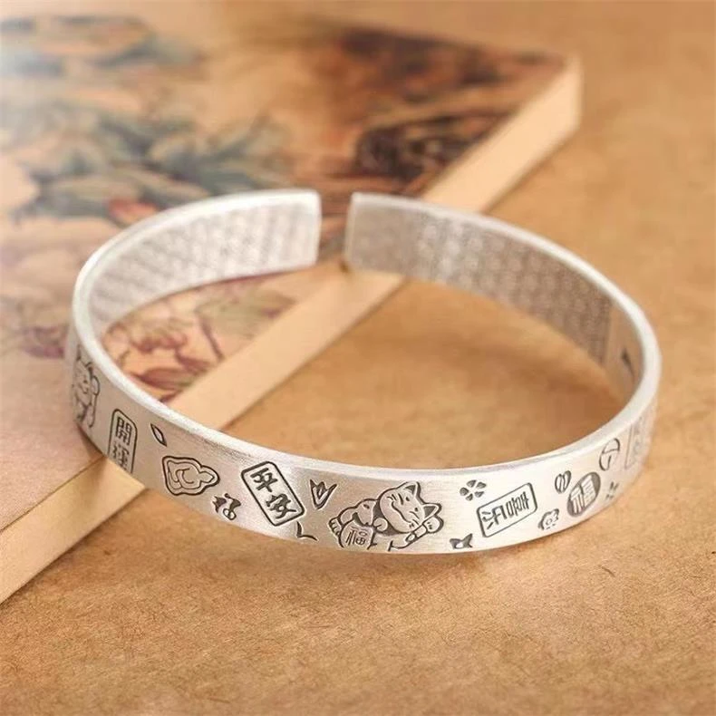 足银手镯 招财猫足银999手镯男女国风潮流开口实心纯银镯子情侣款