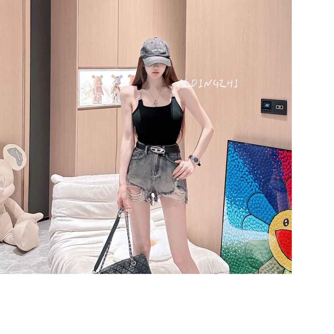 玲玲定制【酷酷女友】烟灰色高腰牛仔短裤个性磨破夏季时尚显瘦裤