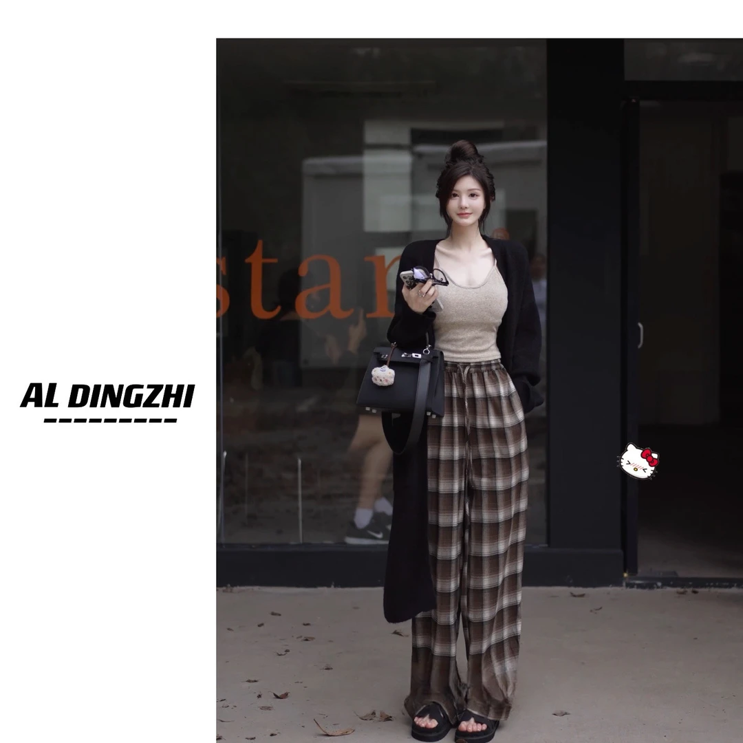 【AL DINGZHI】棋盘格 黑白格阔腿裤高腰抽绳垂感休闲裤子百搭神裤
