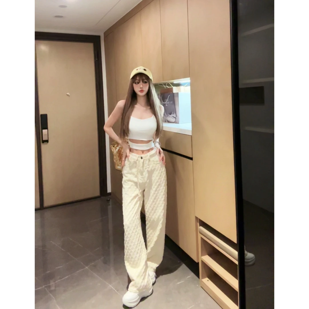 AL DINGZHI【小香纹理】菱格纹百搭显瘦直筒裤休闲时尚显瘦牛仔裤子