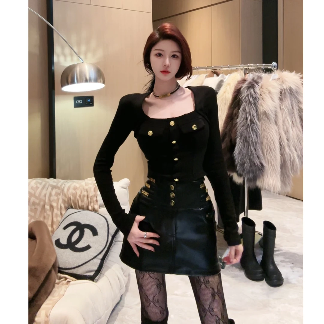 【AL DINGZHI】方领长袖针织衫女法式气质性感紧身打底衫短款上衣