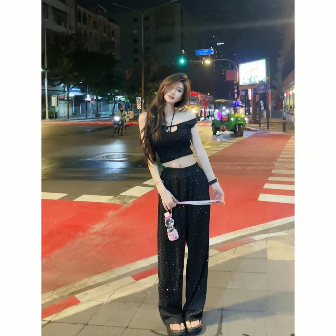 【ALDINGZHI】璀璨星河亮闪闪肌理感宽松裤子女高腰显瘦休闲长裤