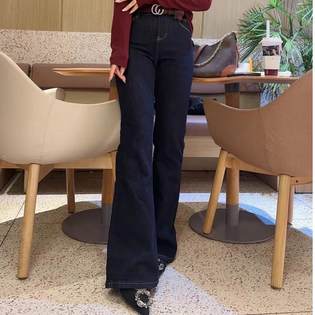 恰逢景主播同款秋冬牛仔裤欧货时尚百搭显瘦高弹高腰普洗蓝喇叭裤